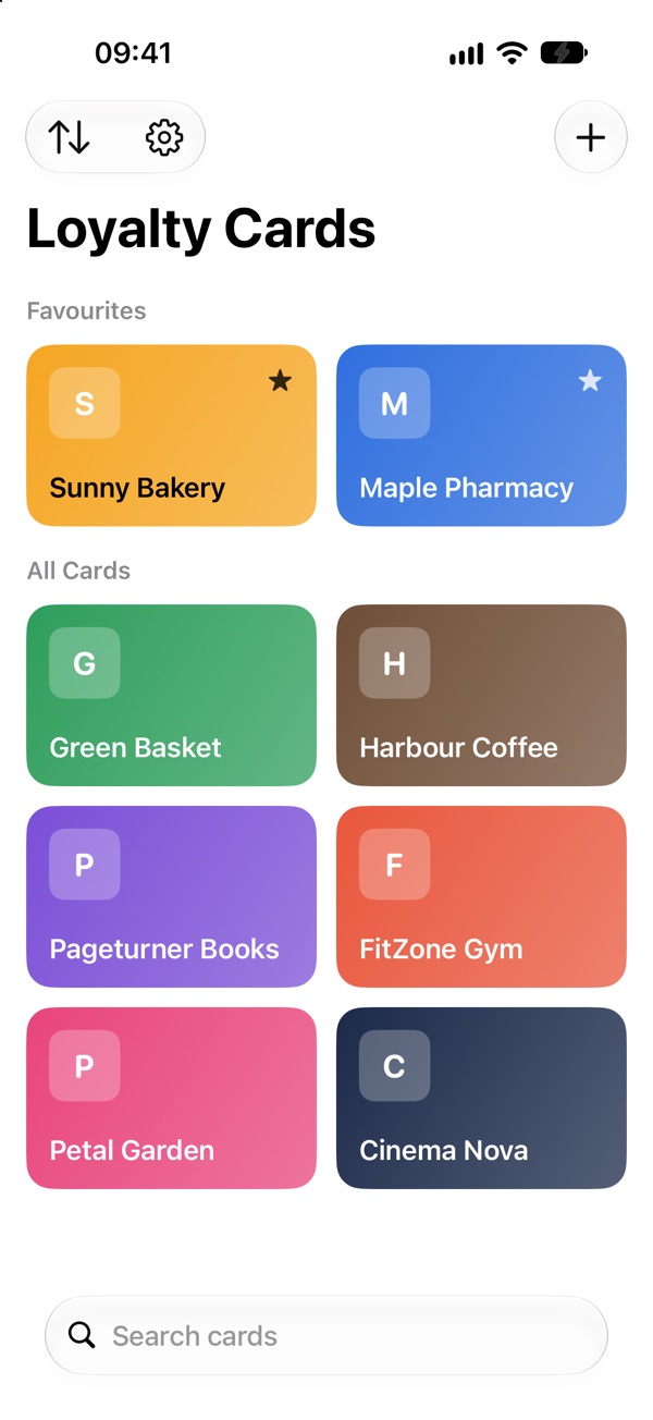 YoLo's card list with favourites at the top and colourful cards in two columns