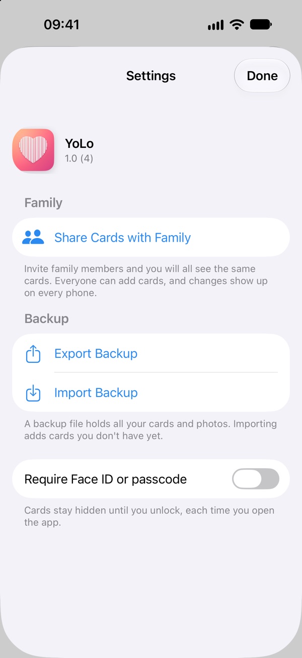 YoLo's settings with family sharing, backup and Face ID lock