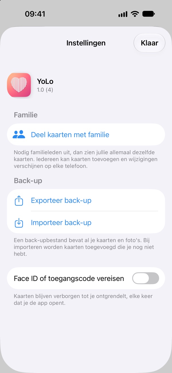 De instellingen van YoLo met delen met familie, back-up en Face ID-slot
